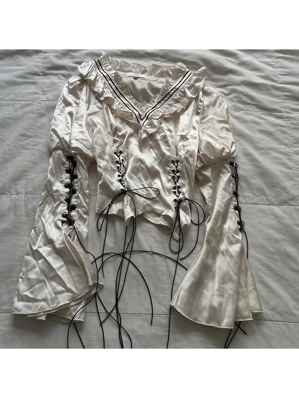 Ivory Corset Lace Up Ruffle Bell Sleeve Costume Blouse Black Trim XS